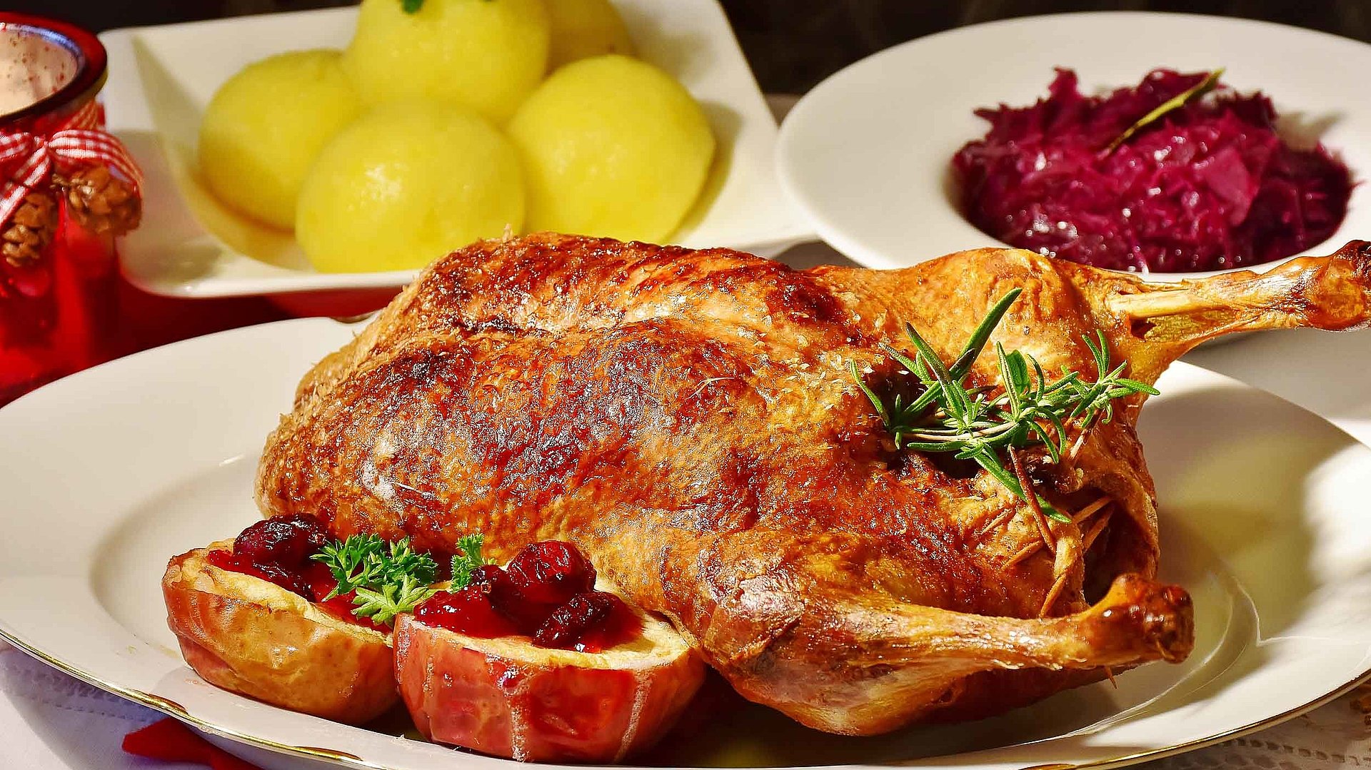Gastronomie im Ostallgäu - Teller mit frischer Ente und separaten Tellern jeweils mit Knödeln und Rotkohl