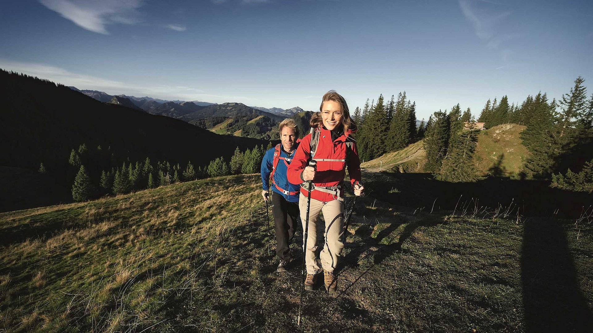 Wandern und Wanderurlaub in der Fränkischen Schweiz - Zwei Wanderer auf einem Hügel im Nadelwald