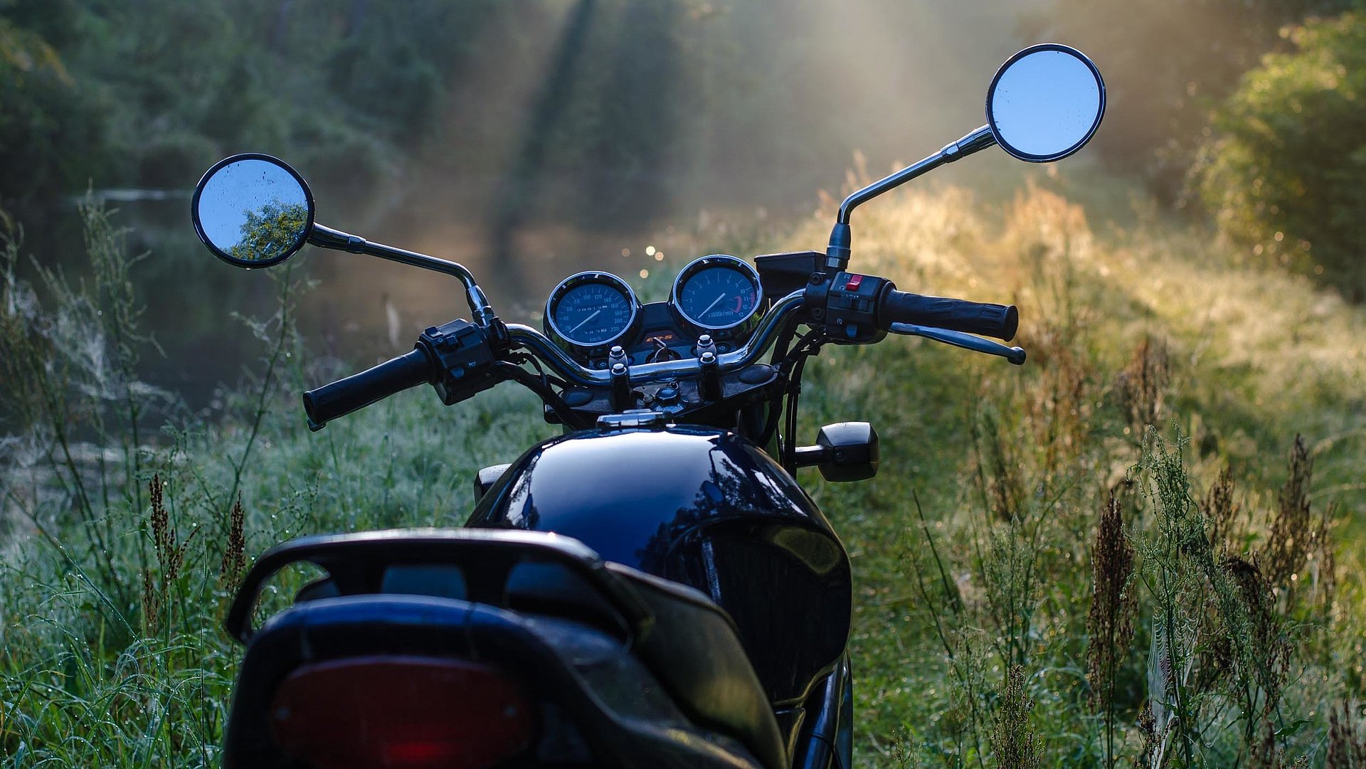 Motorrad-Urlaub in Ostbayern - schwarzes Motorrad steht in einer Waldlichtung