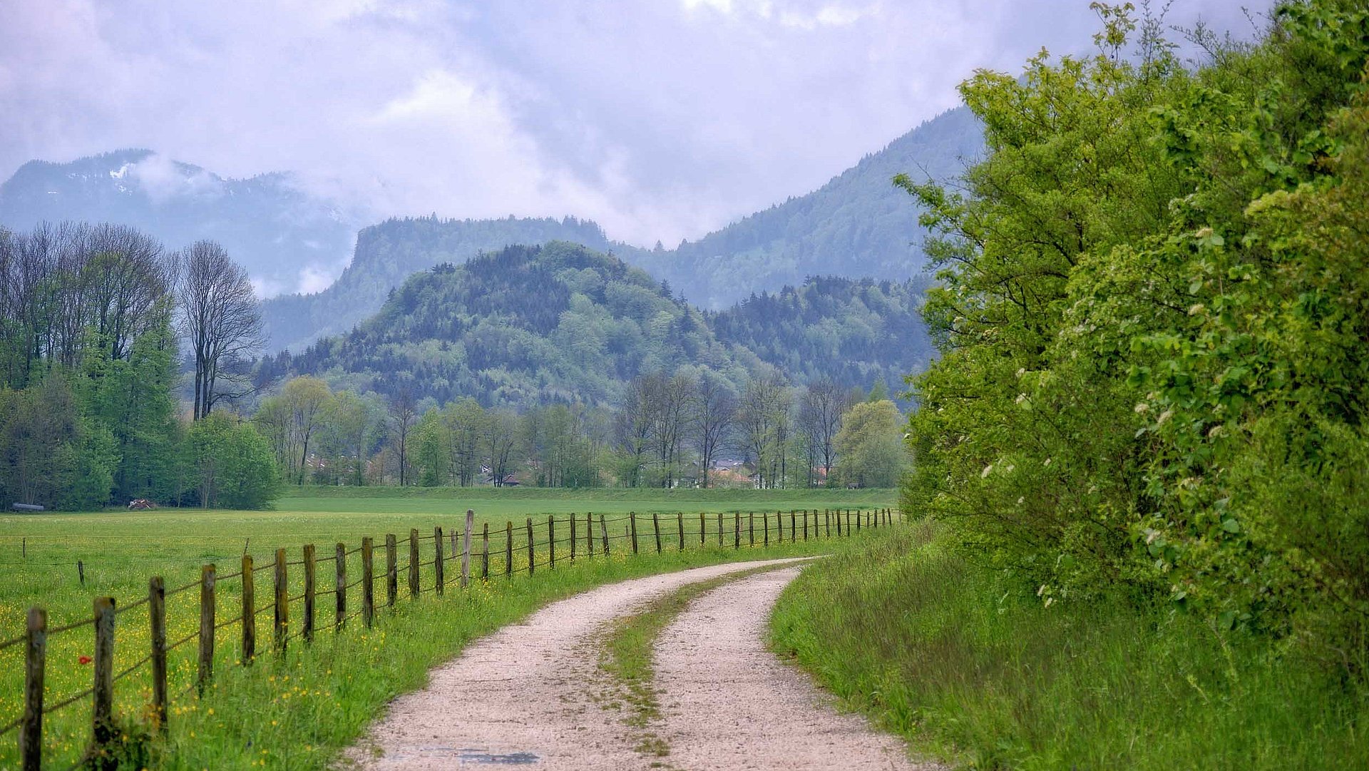 Incentives in Franken - Wanderpfad in grüner Landschaft mit Hügeln und Bergen im Hintergrund
