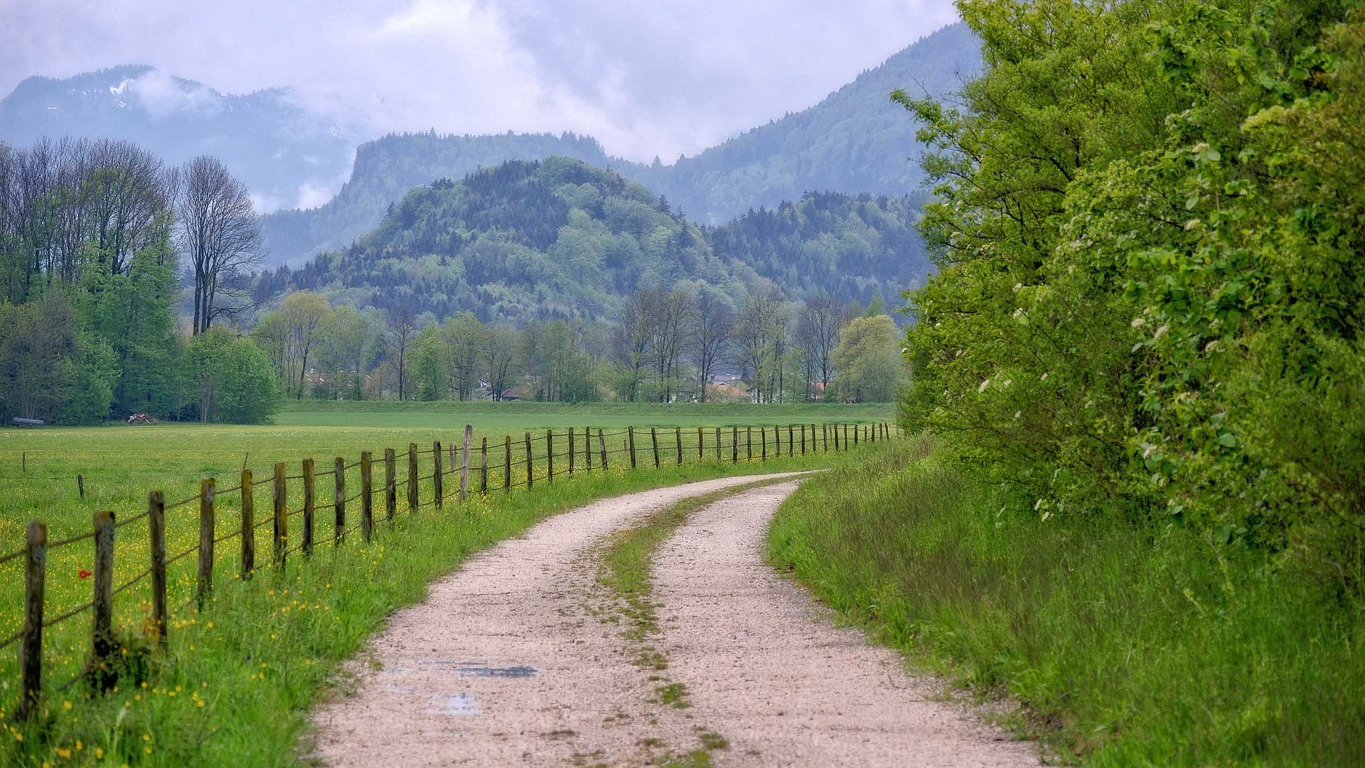 Freizeit und Sport in Oberbayern - Wanderpfad in grüner Landschaft mit Hügeln und Bergen im Hintergrund