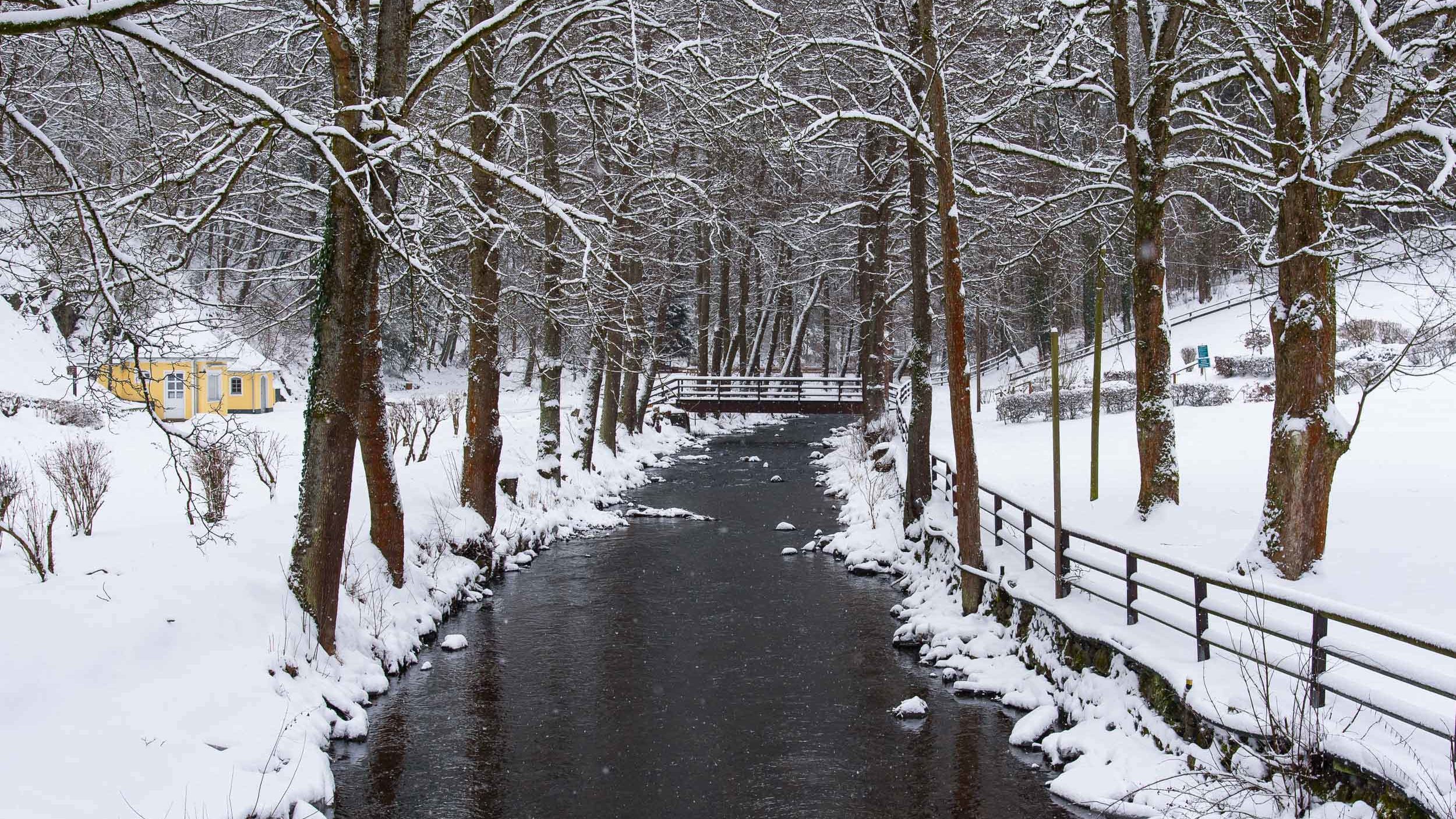 Ein ruhiger Winterwanderweg an der Ölschnitz beginnt direkt im Kurpark von Bad Berneck