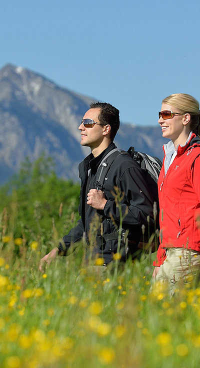 Wandern und Wanderurlaub im Ostallgäu - zzwei Partner auf Wanderung in Graslandschaft; Berge im Hintergrund