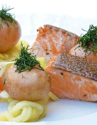 Gastronomie im Video Oberfranken - weißer Teller gefüllt mit schön angelegtem Lachs und Kartoffeln