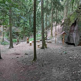 Baenke und Hinweisschild am Naturlehrpfad des Stadtwaldes Fuerth vor altem Steinbruch