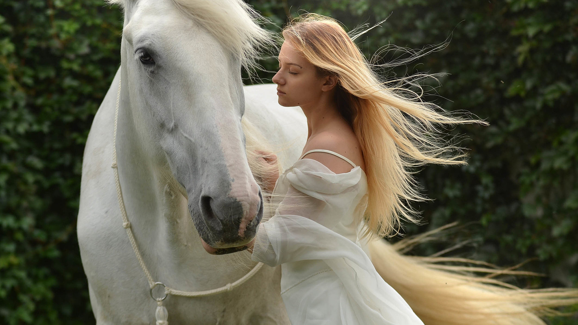 Urlaub auf dem Bauernhof in Oberfranken - junge Frau mit langem blonden Haar und weißem Kleid streichelt weißes Pferd
