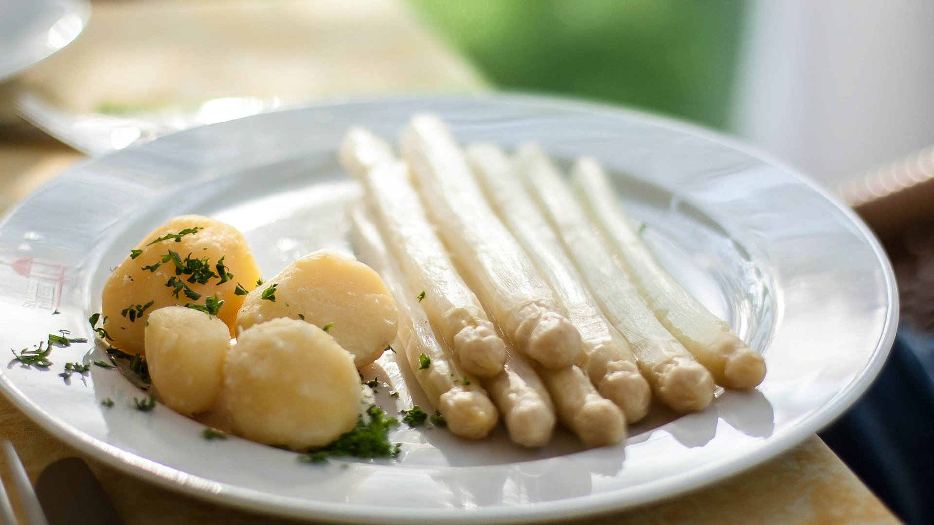 Spargelzeit in Nürnberg - mit Spargeln und Kartoffeln gefüllter Teller